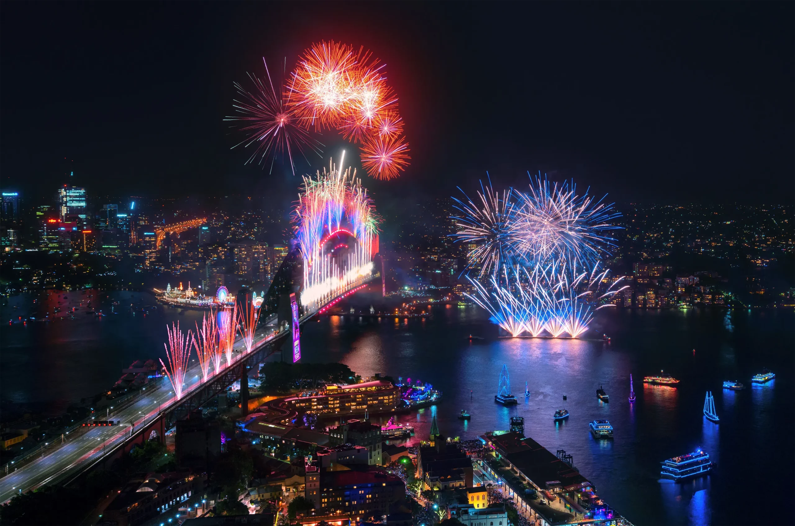 Fireworks exploding over Sydney Harbour. Credit Daniel Tran.