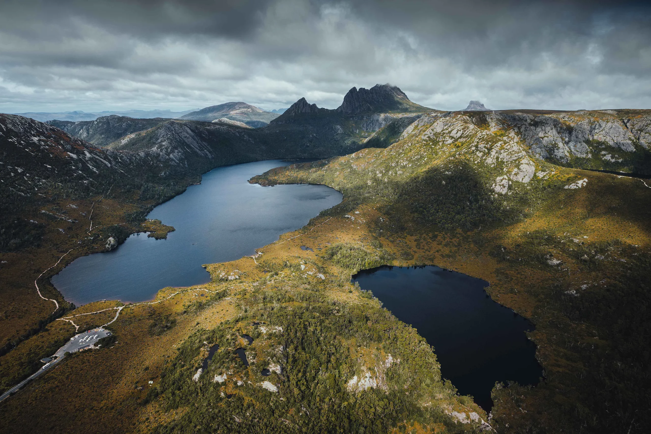 Aerial of Dove and Crater Lakes in Tasmania.