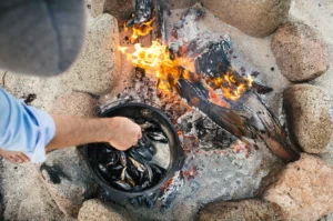 A person cooking cockles (pipis) on a rock campfire set up on a sandy beach.