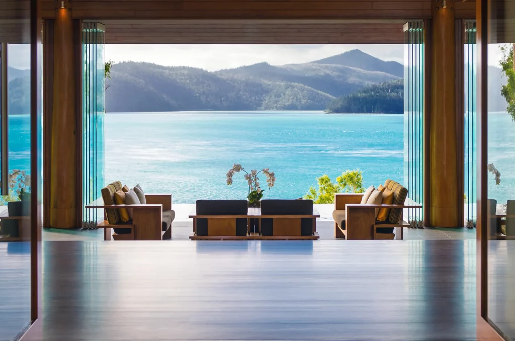 Interior of qualia’s Long Pavilion overlooking Whitsundays waters