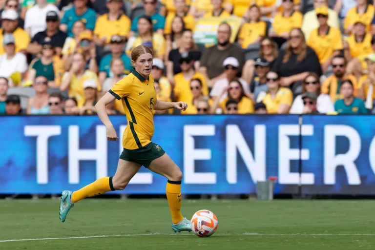 Cortnee Vine of Australia controls the ball during the 2023 Cup of Nations match between Australian Matildas and Spain at CommBank Stadium on February 19, 2023 in Sydney, Australia. IOIO IMAGES / Shutterstock