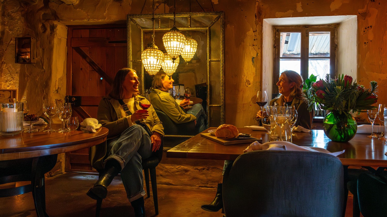 Drinking wine in a historical winery building
