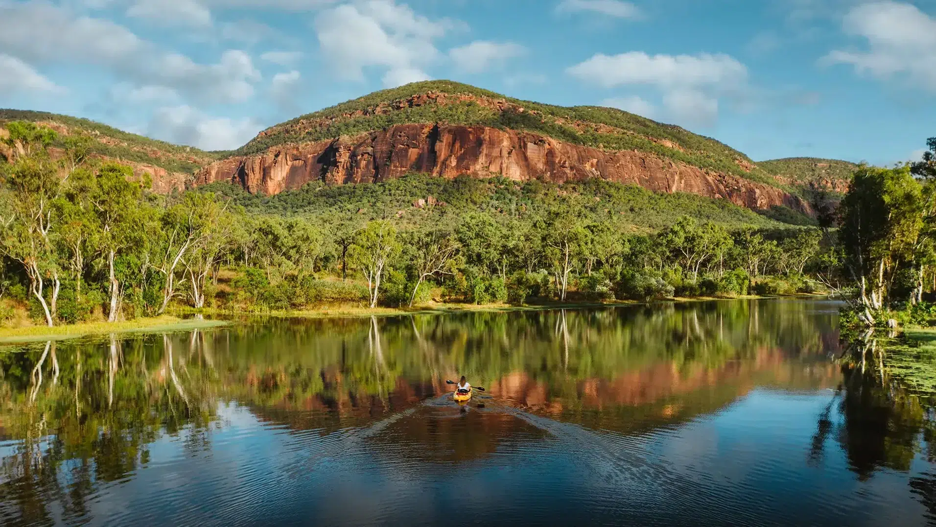 Kayaker in the middle of a eucalyptus-fringed weir