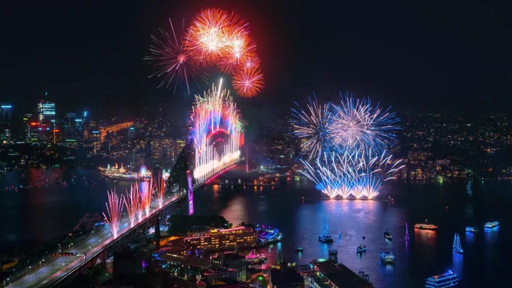 Fireworks exploding over Sydney Harbour. Credit Daniel Tran.