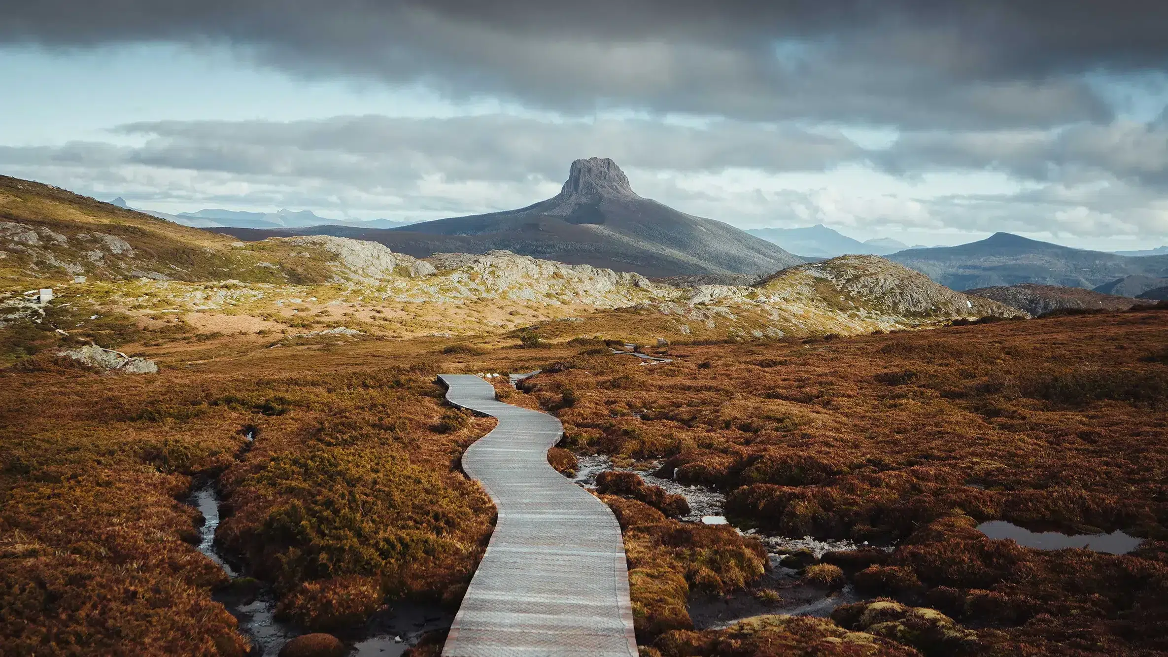 Boardwalk surrounded by scrub leading to the Barn Bluff on the Cradle Mountain Overland Track in Tasmania