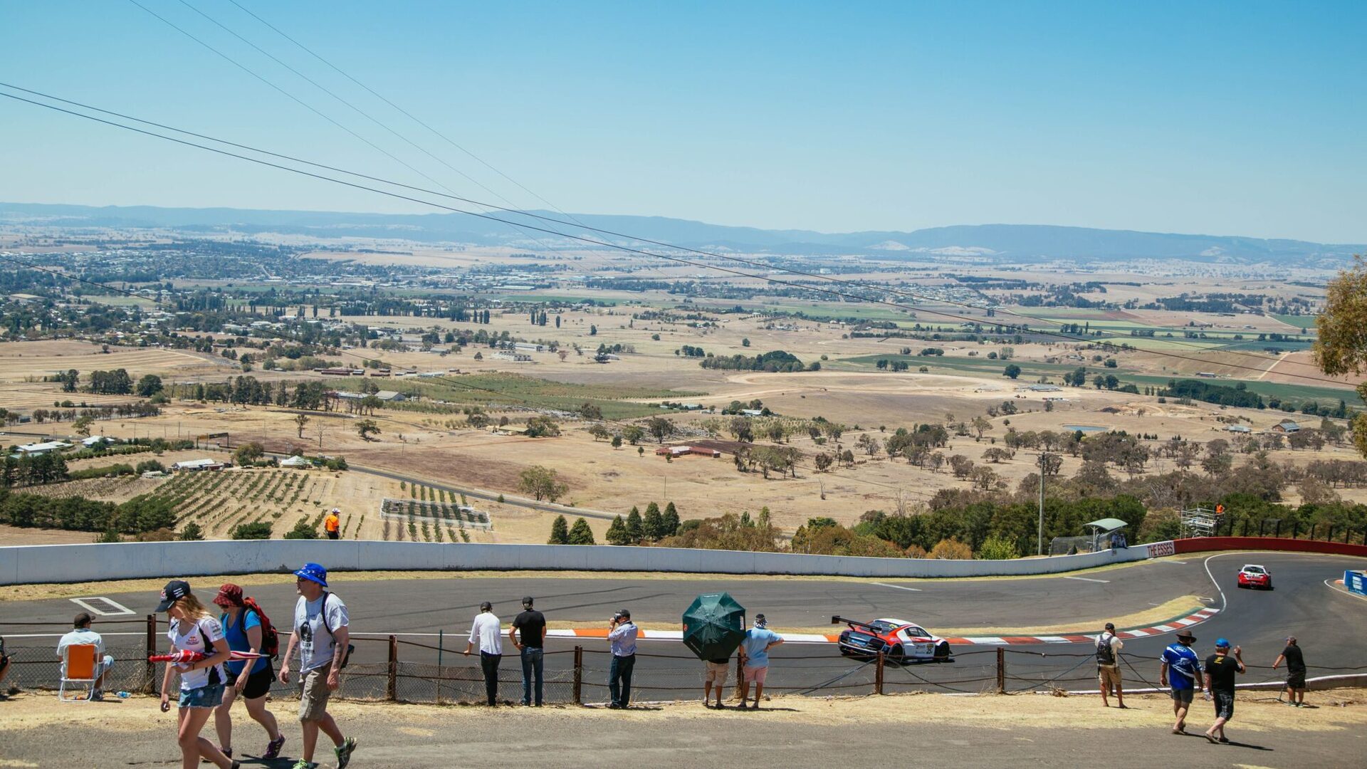 Aerial view of Bathurst 1000 Motorcycle race track at Mount Panorama in NSW.