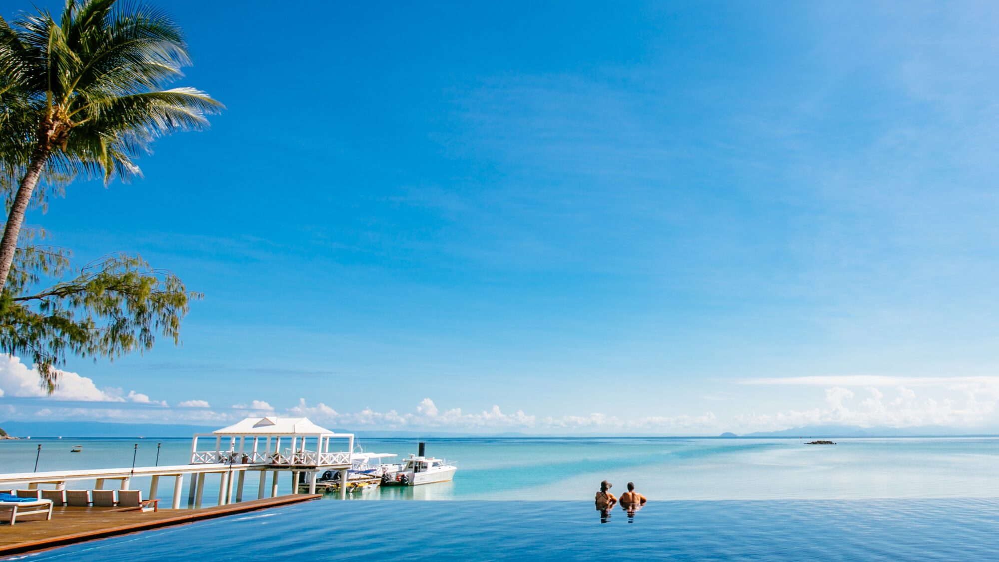 A couple in an infinity pool looking over the sea on a tropical island in Queensland