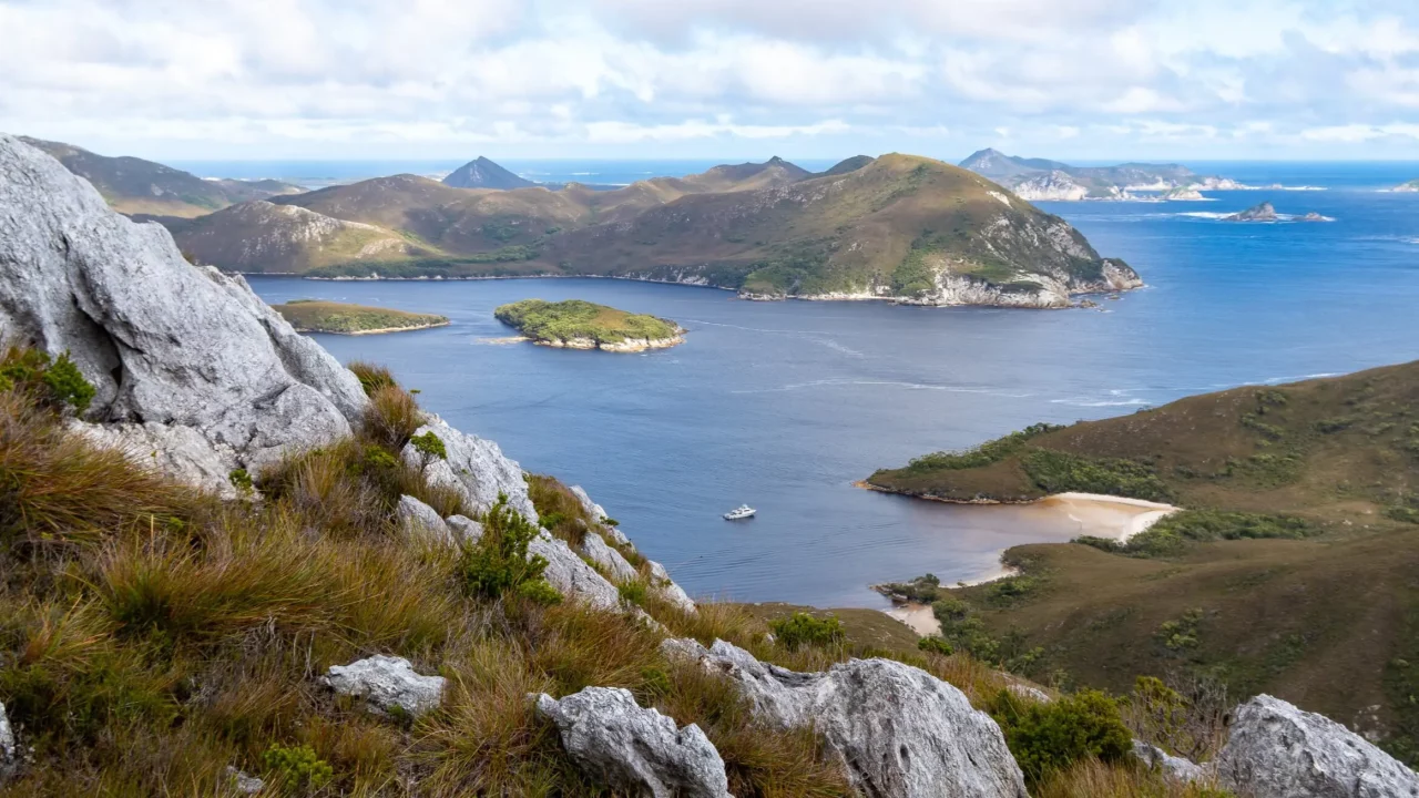 The Odalisque vessel on the waters of Port Davey in Tasmania’s southwest wilderness area