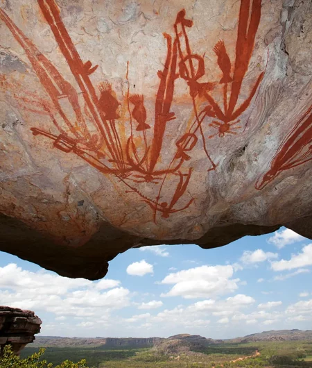 Ancient Aboriginal rock art on a cliff overhang in Arnhem Land