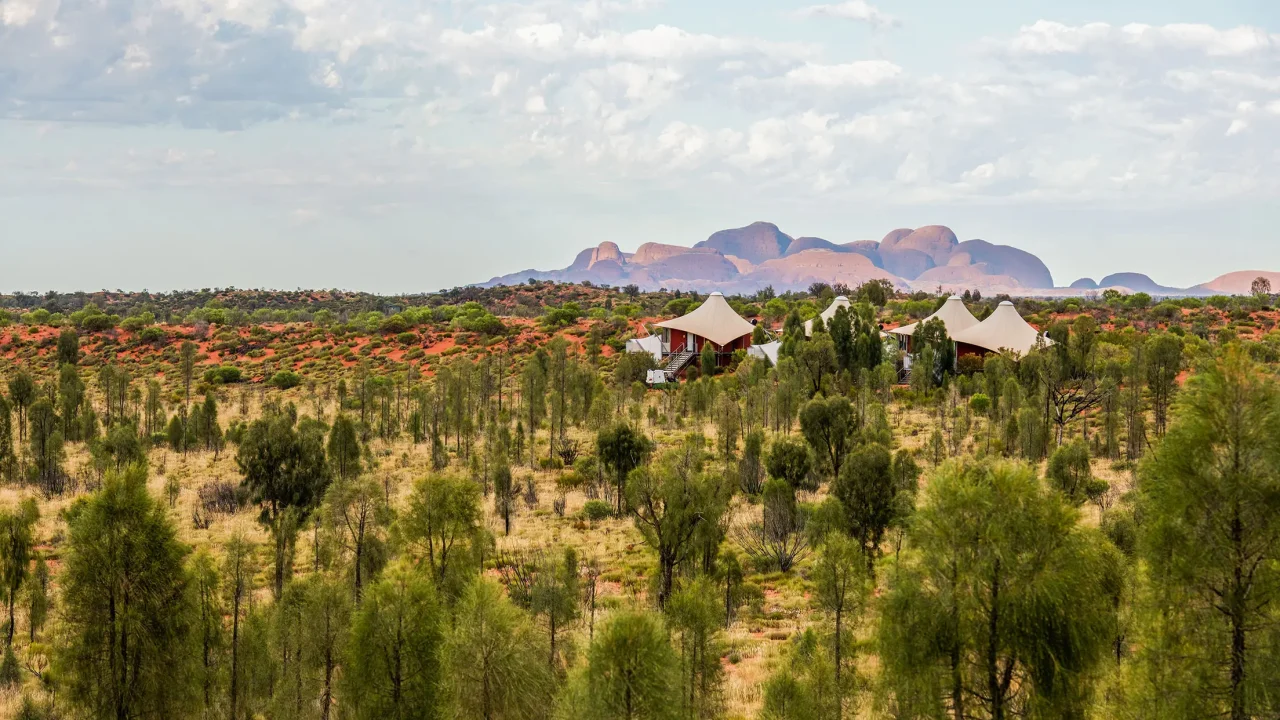 Four Luxury Tents overlooking Kata Tjuta in Australia’s Red Centre during a wet season at Longitude 131°